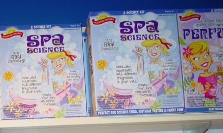 Learn science, smell pretty. Spa science kits at the museum, marketed for girls.